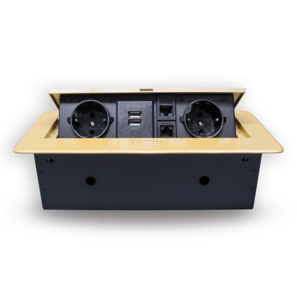 Розетка горизонтальная выдвижная 2 Euro 16А, 2 USB A с блоком 5В/2.1А, 2 RJ45 RocketSocket, проводка, цвет золотой Розетка горизонтальная выдвижная 2 Euro 16А, 2 USB A с блоком 5В/2.1А, 2 RJ45 RocketSocket, проводка, цвет золотой