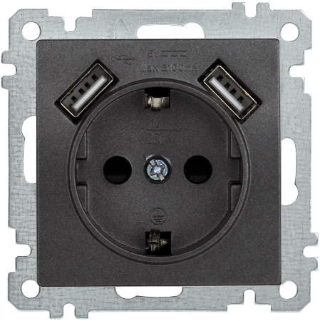 Розетка РЮш10-1-Б с з/з с защитной шторкой 16А USBх2 2,1A BOLERO антрацит IEK