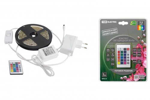 Комплект светодиодной ленты SMD5050-30 LED/м-12 В-7,2 Вт/м-IP65-RGB (3 м), 18 Вт, IR-контроллер TDM фото 2
