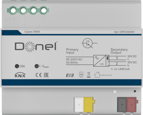 Donel KNX блок питания, 640 мA. Входное напряжение 95-255 В AC, 47-63 Гц, выход 1: 30 В DC +1/-2 В, SELV с дросселем; выход 2: 30 В DC +1/-2 В, SELV б