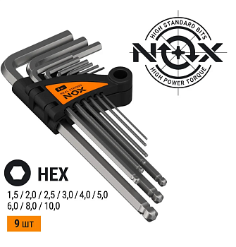 Набор ключей угловых TORX 9 шт. (№10-50) средней длины, хром-ван. сталь "Nox"