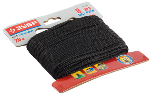 Шнур полиамидный, плетеный, повышенной нагрузки, без сердечника, черный, d 6, 20м ЗУБР