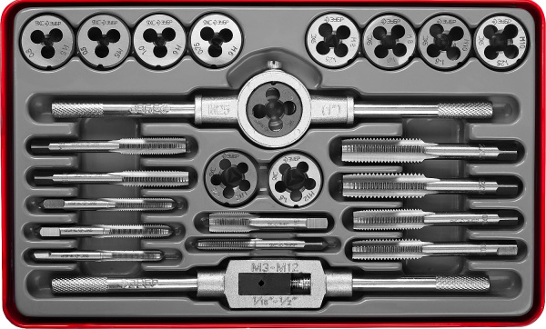 24 предмета, набор метчиков и плашек, сталь 9ХС ЗУБР