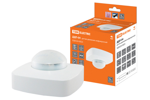 Датчик движения потолочный ДДП-04 2000Вт, 10-1800с, 4х20м , 3+лк, 120(сбоку)+360(сверху)гр, IP20, TD