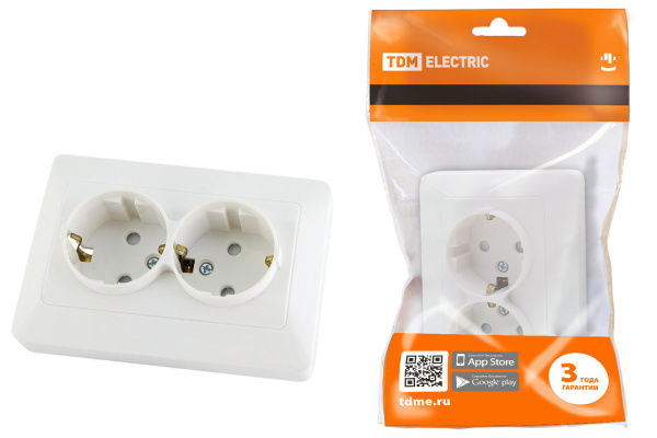 Розетка двойная 2П+З с защ. шт. 16А 250В белая "Ильмень" TDM Розетка двойная 2П+З с защ. шт. 16А 250В белая "Ильмень" TDM