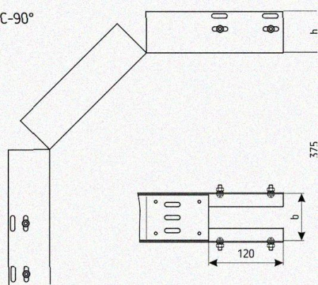 Лоток перфорированный КС 100х50-90 УТ1,5 для поворота трассы вниз на 90, оцинкованный лист S1,0