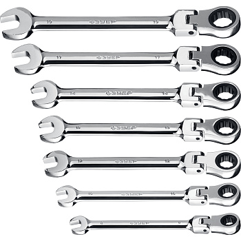 Набор комбинированных гаечных ключей трещоточных шарнирных 7 шт, 8 - 19 мм, ЗУБР