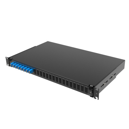 Оптическая полка выдвижная 1U с адатерами 8 х duplex LC OS2 в комплекте с лицевой панелью, пигтейлами, сплайс-кассет(ой/ами) и гильзами КДЗС DKC