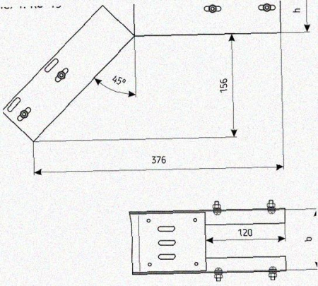 Лоток перфорированный КС 600х150-45 УТ1,5 для поворота трассы вниз на 45, оцинкованный лист S1,5