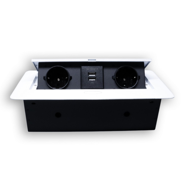 Розетка горизонтальная выдвижная 2 Euro 16A, 2 USB A с блоком 5В/2.1А белый RocketSocket