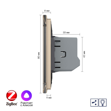 Двухклавишный проходной умный сенсорный диммер Livolo ZigBee, 1 пост, Золотой VL-C702SD2Z-2AG