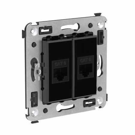 Компьютерная розетка RJ-45 без шторки в стену, кат.6 двойная, "Avanti", "Черный квадрат" DKC