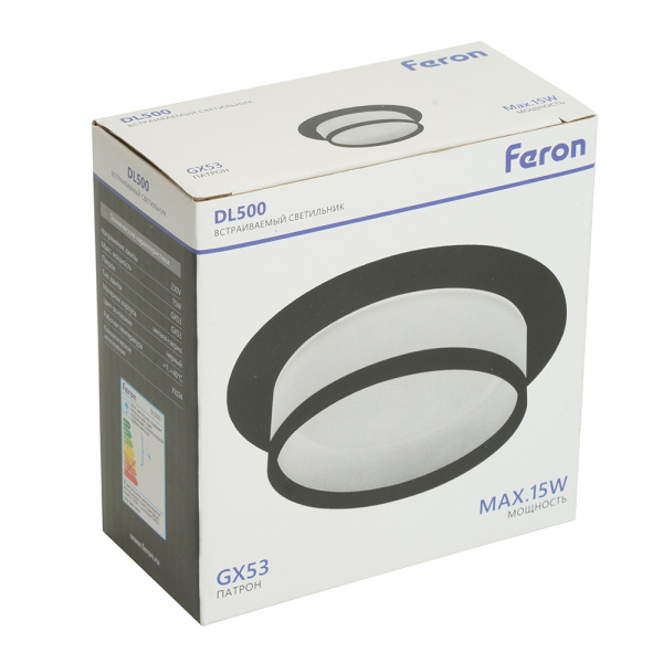 Светильник потолочный встраиваемый, 15W 230V GX53, черный, круг, без лампы, DL500 Feron