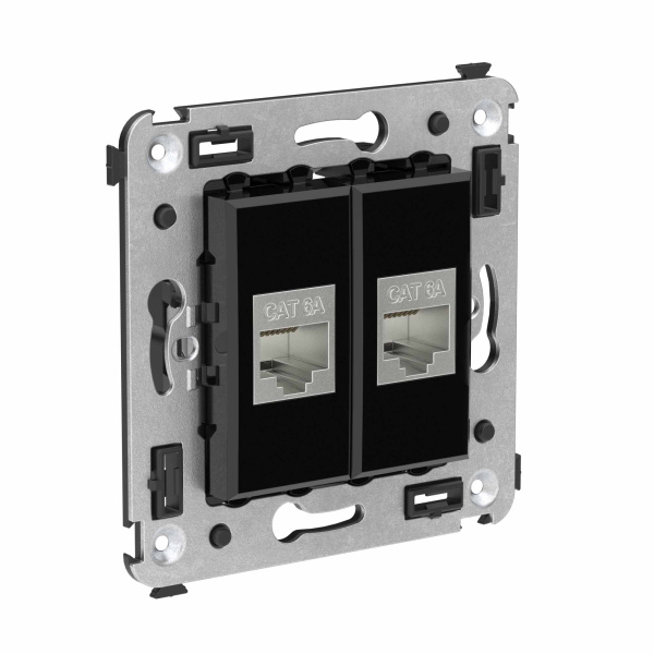 Компьютерная розетка RJ-45 без шторки в стену, кат.6А двойная экранированная, "Avanti", "Черный квадрат" DKC