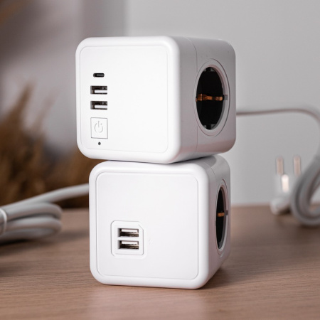 Удлинитель Cube Extended 4 Euro 16А, 3 USB 2A+C с блоком 5В/3.0А, кабель 1,5м RocketSocket, цвет белый-серый
