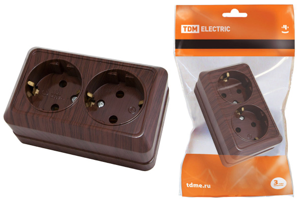Розетка двойная 2П+3 открытой установки IP20 16А 250В (керамика) бук "Ладога" TDM Розетка двойная 2П+3 открытой установки IP20 16А 250В (керамика) бук "Ладога" TDM