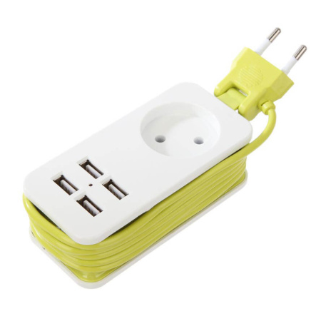 Удлинитель сетевой Travel 1 гнездо, шнур 1,5м 4USB(2.1А)500Вт бело-зеленый Uniel