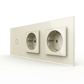 Одноклавишный сенсорный выключатель с двумя розетками 3 поста, цвет жемчужный Livolo