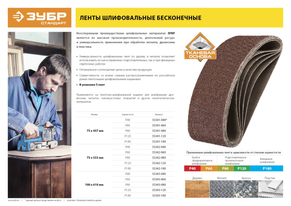 75х533 мм, P120, лента шлифовальная СТАНДАРТ, для ЛШМ, 5 шт. ЗУБР