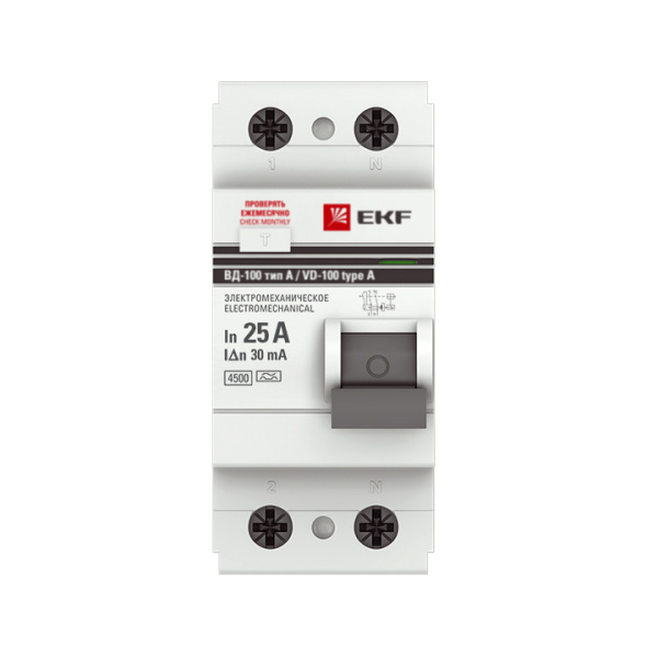 Устройство защитного отключения ВД-100 2П 25А 30мА (эл-мех, тип А) PROxima EKF Устройство защитного отключения ВД-100 2П 25А 30мА (эл-мех, тип А) PROxima EKF