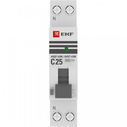 Дифференциальный автоматический выключатель АВДТ-63М 25А 10мА (1мод, хар, С, электронный, тип А) 6кА PROxima EKF фото 2