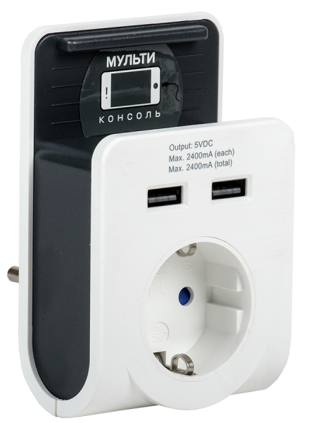 Адаптер Т-02/01 1 место 2P+PE 16А 2хUSB 2,4А с подставкой белый IEK