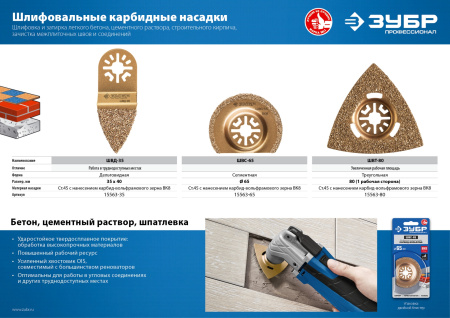 Насадка шлифовальная c карбид-вольфрамовым напылением ВК-8, дельтовидная, двусторонняя, сторона 35 мм, Профессионал, ШВД-35 ЗУБР