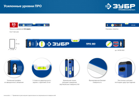 Усиленный уровень 1500 мм с зеркальным глазком Профессионал ЗУБР