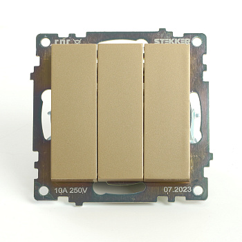 Выключатель 3-клавишный (механизм), STEKKER, GLS10-7108-08, 250В, 10А, серия Катрин, золото