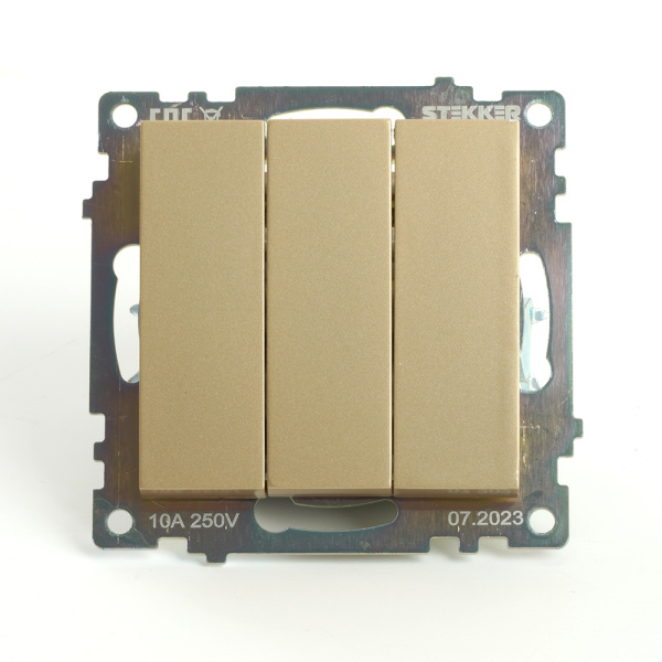 Выключатель 3-клавишный (механизм), STEKKER, GLS10-7108-08, 250В, 10А, серия Катрин, золото