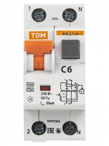 Дифференциальный автоматический выключатель АВДТ 63 2П (1П+N) 6А С 30мА 6кА тип А TDM фото 3