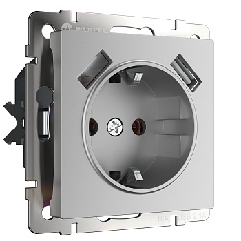 Розетка с заземлением, шторками и USBх2 (серебряный) СУ IP20 Werkel Розетка с заземлением, шторками и USBх2 (серебряный) СУ IP20 Werkel