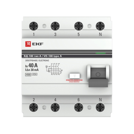 Устройство защитного отключения ВД-100 УЗО 4П 40А (электр, тип А) 4,5кА 30мА PROxima EKF