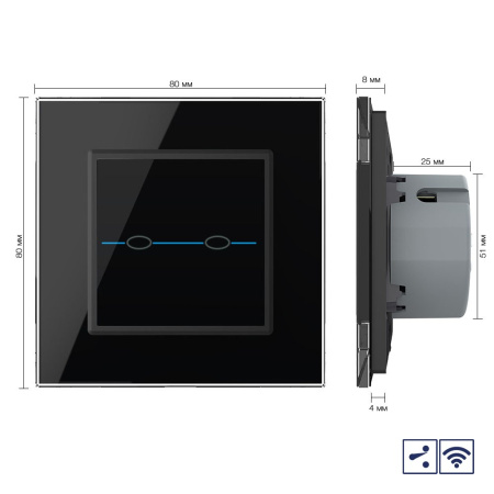 Сенсорный проходной радиоуправляемый выключатель Quadro 2 клавиши 1 пост Черный Livolo