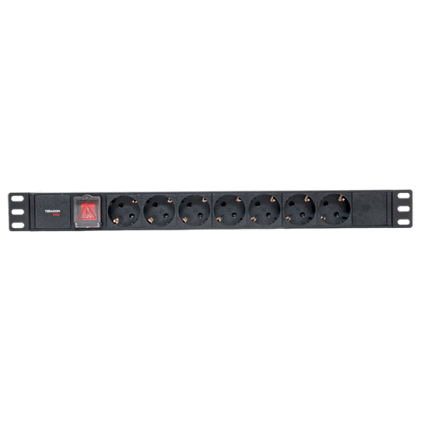 Блок розеток PDU TERACOM PRO 19" 1U 10А/250В 7 розеток Schuko с выключателем без шнура питания входной разъем C14 корпус алюминий черный EKF Блок розеток PDU TERACOM PRO 19" 1U 10А/250В 7 розеток Schuko с выключателем без шнура питания входной разъем C14 корпус алюминий черный EKF