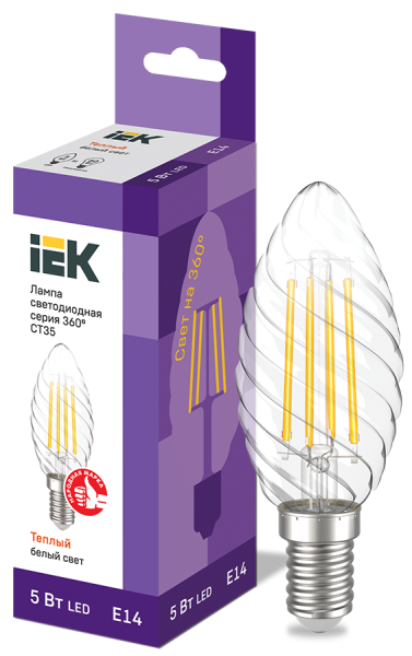 Лампа светодиодная CT35 свеча витая прозрачная 5Вт 230В 3000К E14 серия 360° IEK