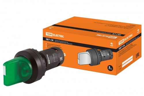 Переключатель на 3 положения с фиксацией SB7-CK3365-220V короткая ручка(LED) d22мм 1з+1р зеленый TDM