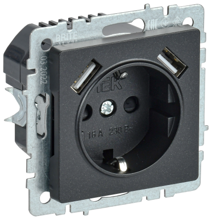 BRITE Роз. с з/к/ш 16А с USB A+A 3,1А РЮш10-2-БрЧ черн.