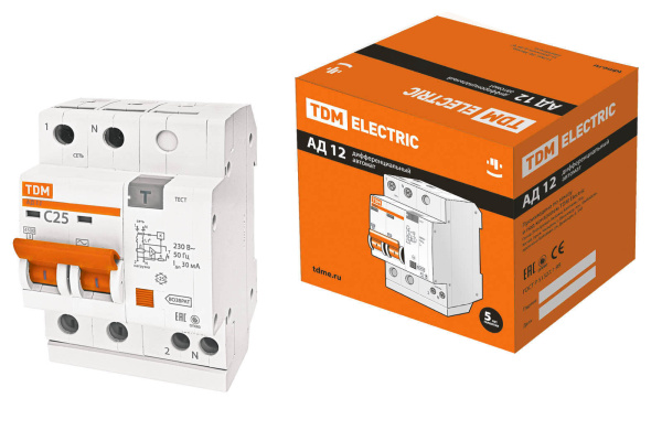 Дифференциальный автоматический выключатель АД12 2П 6А 10мА TDM