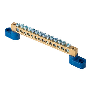 Шина "0" N (8х12мм) 14 отверстий латунь 2 синих угловых изолятора PROxima EKF