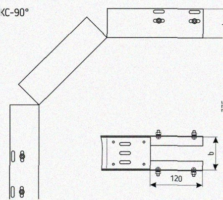 Лоток перфорированный КС 75х50-90 УТ1,5 для поворота трассы вниз на 90, оцинкованный лист S1,5