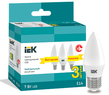 Лампа светодиодная C35 свеча 7Вт 230В 4000К E14 (3шт/упак) IEK