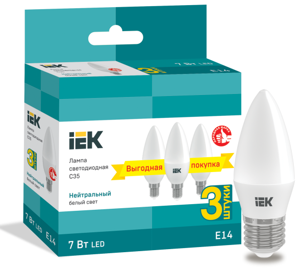 Лампа светодиодная C35 свеча 7Вт 230В 4000К E14 (3шт/упак) IEK Лампа светодиодная C35 свеча 7Вт 230В 4000К E14 (3шт/упак) IEK