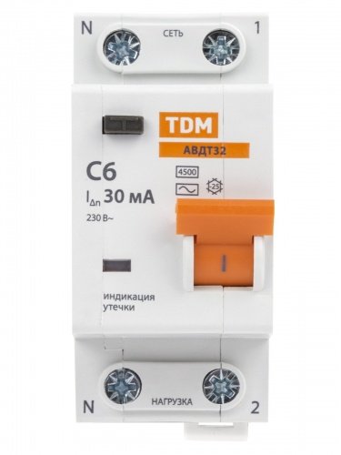 Дифференциальный автоматический выключатель АВДТ 32 2П (1П+N) 6А С 30мА 4,5кА тип АС TDM фото 4