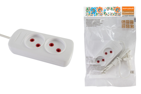 Удлинитель народный  УН2  2 гнезда, 1,5метра, б/з, ШВВП 2х0,75 мм2  6А/250В TDM