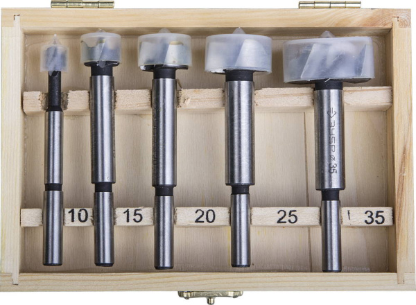 5 шт., 10-15-20-25-35мм, набор сверл форстнера по дереву, фанере, ДСП ЗУБР
