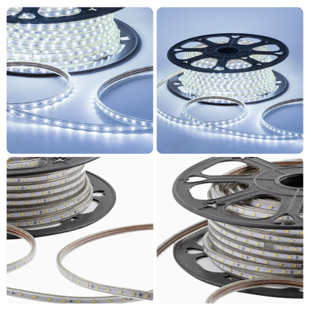 O17-03 Светодиодная лента 220В, 5Вт/м, smd2835, 60д/м, IP65, 300лм/м, размер 10х7мм, 50м, х/б, 6500К OGM