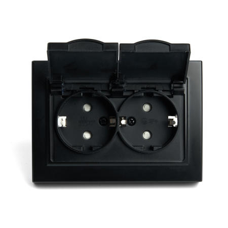 Розетка 2-местная с/з с крышкой, STEKKER, PST16-9015-03, 250В, 16А, серия Эрна, черный Розетка 2-местная с/з с крышкой, STEKKER, PST16-9015-03, 250В, 16А, серия Эрна, черный
