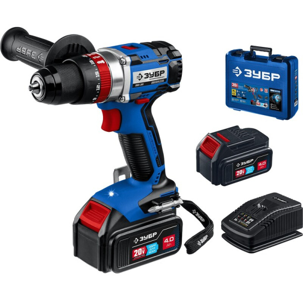 20В бесщеточная ударная дрель-шуруповерт, 2 АКБ (4Ач), в кейсе, Профессионал. DBS-201-42 ЗУБР