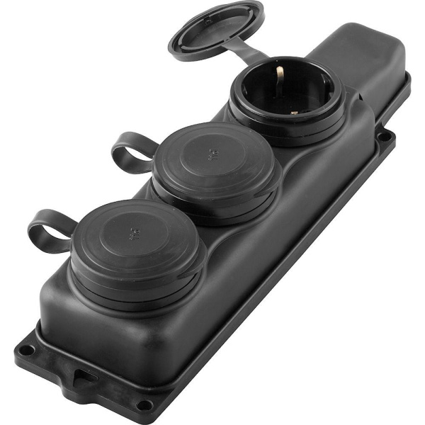 Розетка переносная 3-местная с/з STEKKER, RST16-23-44 (РП 16-334), штепсельная 250В, 16А, IP44, черный